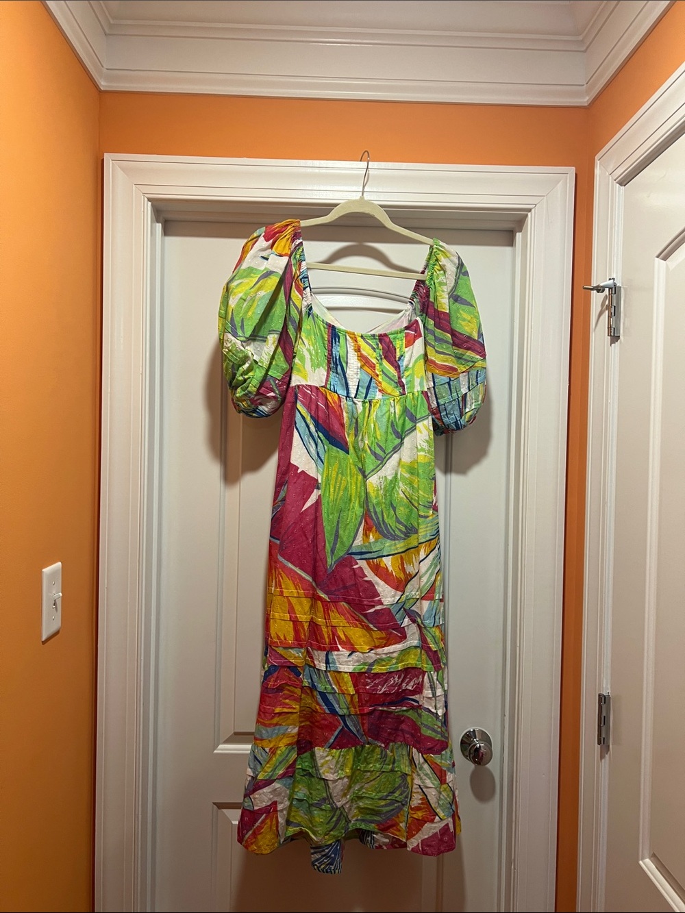 Farm Rio Bright Multicolor Leaf-Print Puff-Sleeve Women’s Dress